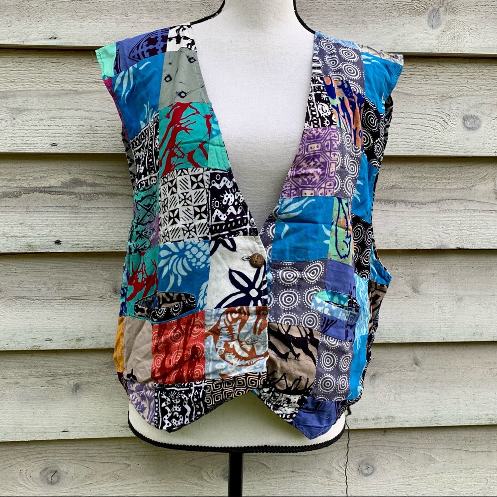 Vintage 80s Blue Handmade Abstract Patchwork Print Sleeveless Button Down Vest